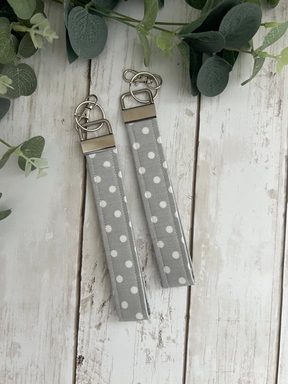 Key Fob Wristlet Set  in Grey & White Polka Dots Fabric, Bag Strap