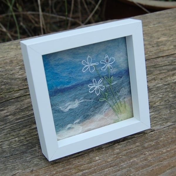 Coastal Art Needle felted and hand embroidered  framed picture - Seashore Scene