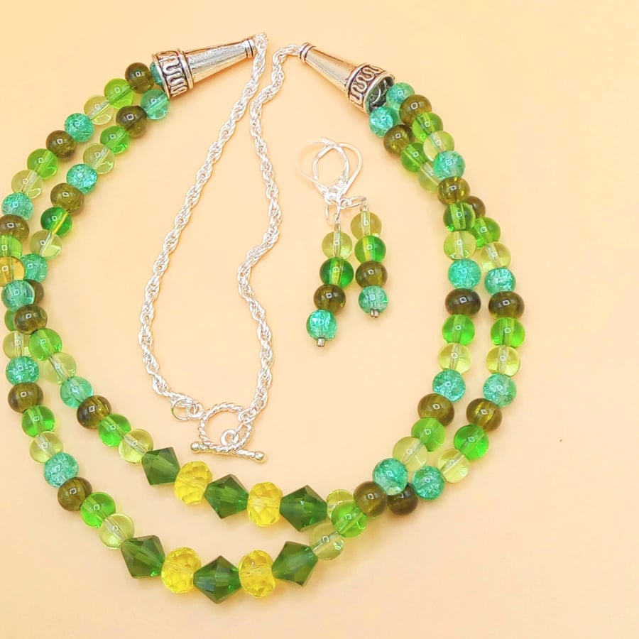 Green Glass Bead Crystal & Chain Necklace and Earrings, Gift For Her, Jewellery 