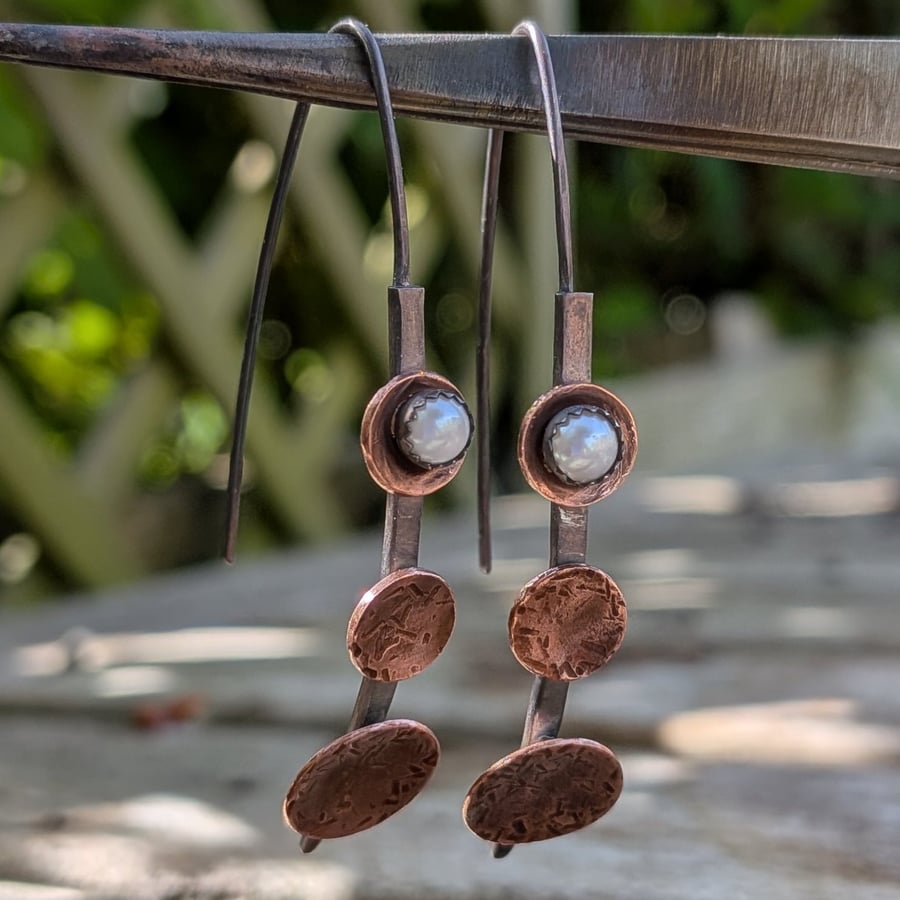 Oxidised Silver, Copper & Freshwater Pearls; Handmade Contemporary Earrings