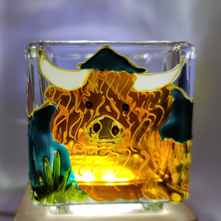 Highland Cow and mountains hand painted glass candle holder 