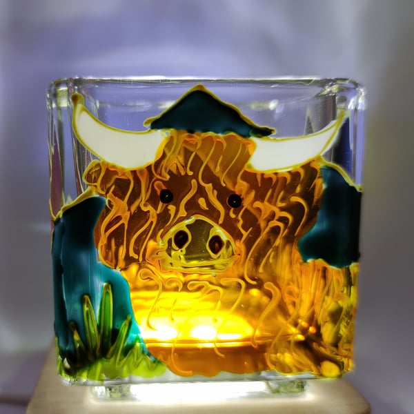 Highland Cow and mountains hand painted glass candle holder 