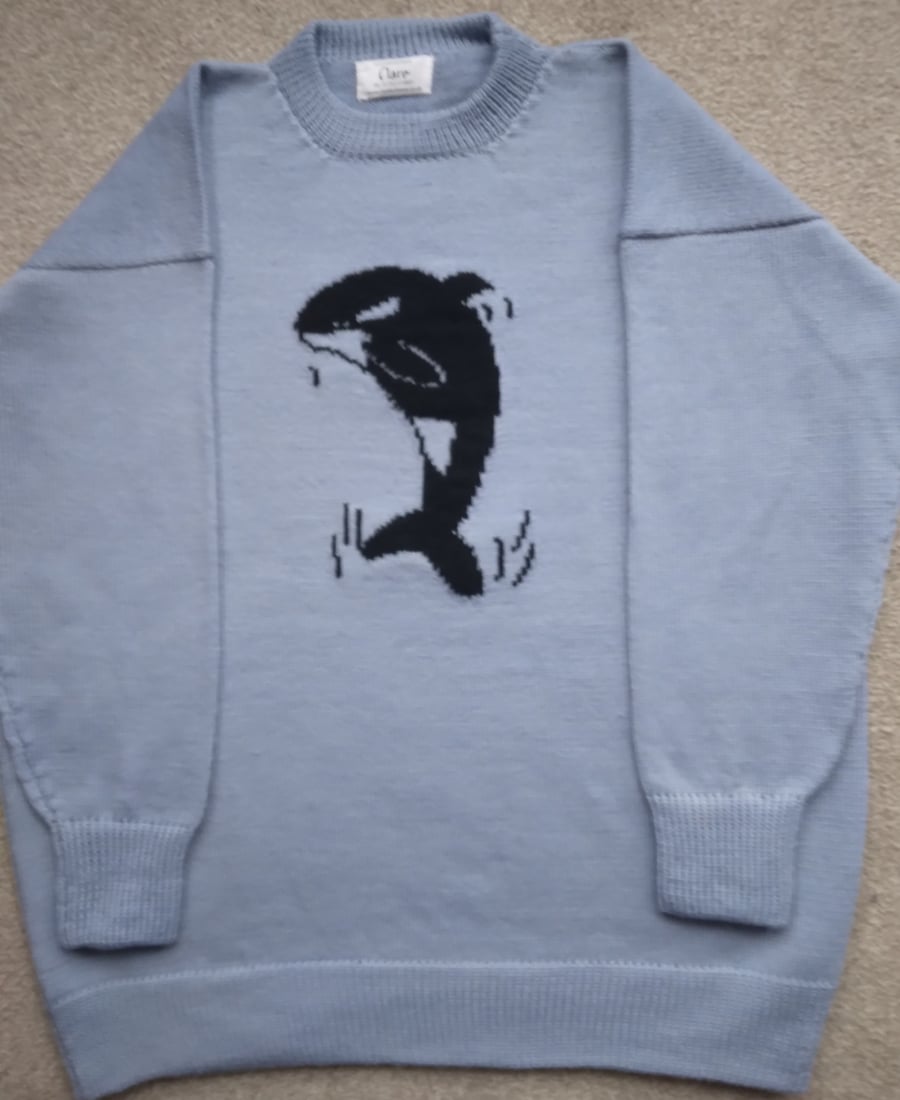Killer Whale jumper adult size, machine washable wool made to order