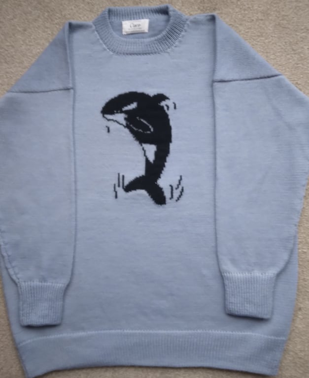 Killer Whale jumper adult size, machine washable wool made to order