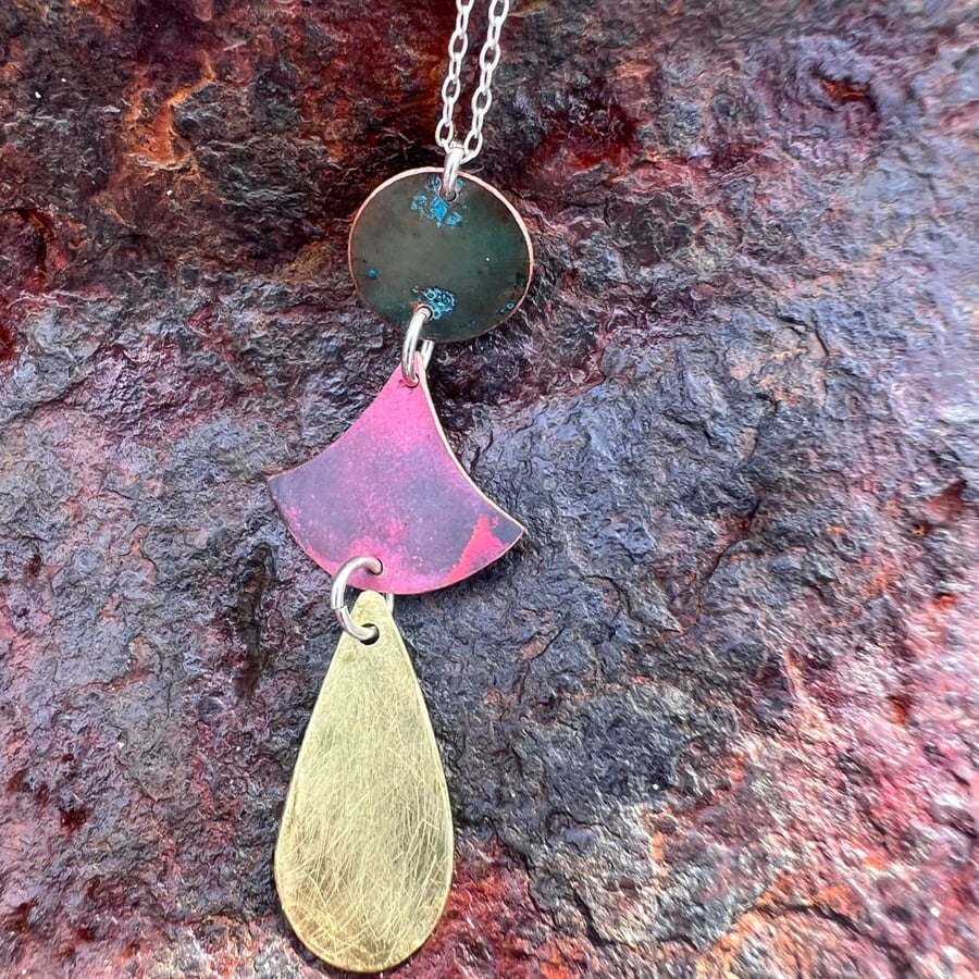 Brass,Red Copper and Verdigris Necklace