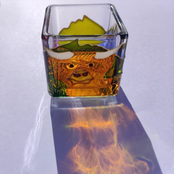 Highland Cow and mountains hand painted glass candle holder 