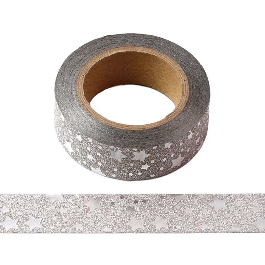 Silver Glitter Sparkle Washi Tape UK with Silver Foil Stars Masking Trim 15mm x 