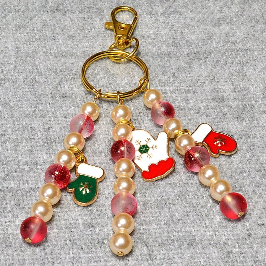 Christmas Bag Charm – Frosted-Red-Gold Glass Beads, Glass Pearls, and Mittens