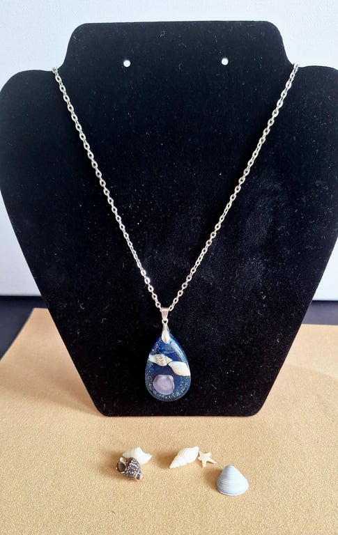 Blue shells in resin pendant