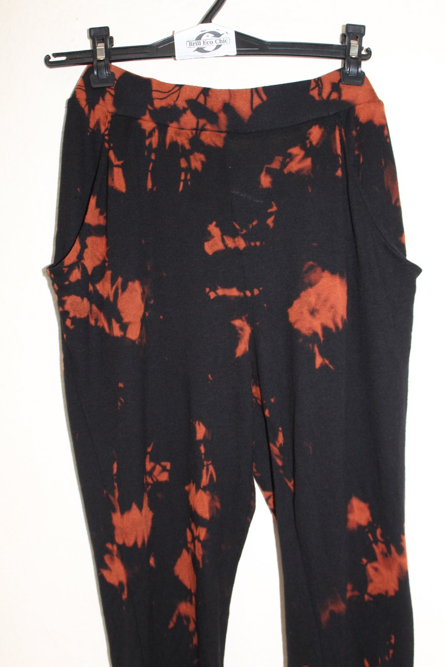 Unisex reworked tie dyed black and rust stretch baggy trousers.yoga pants size S