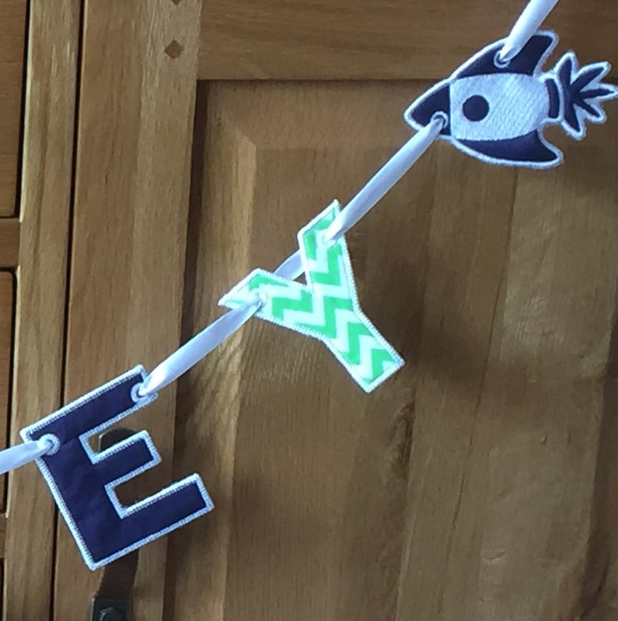 Personalised Letter Bunting - Blue & Green Rocket Name Garland Made To Order