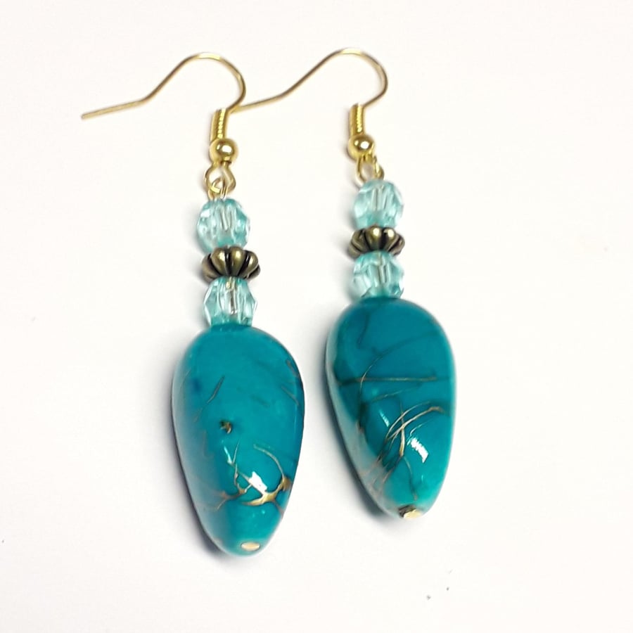 Blue turquoise Gold Splash Bead Earrings