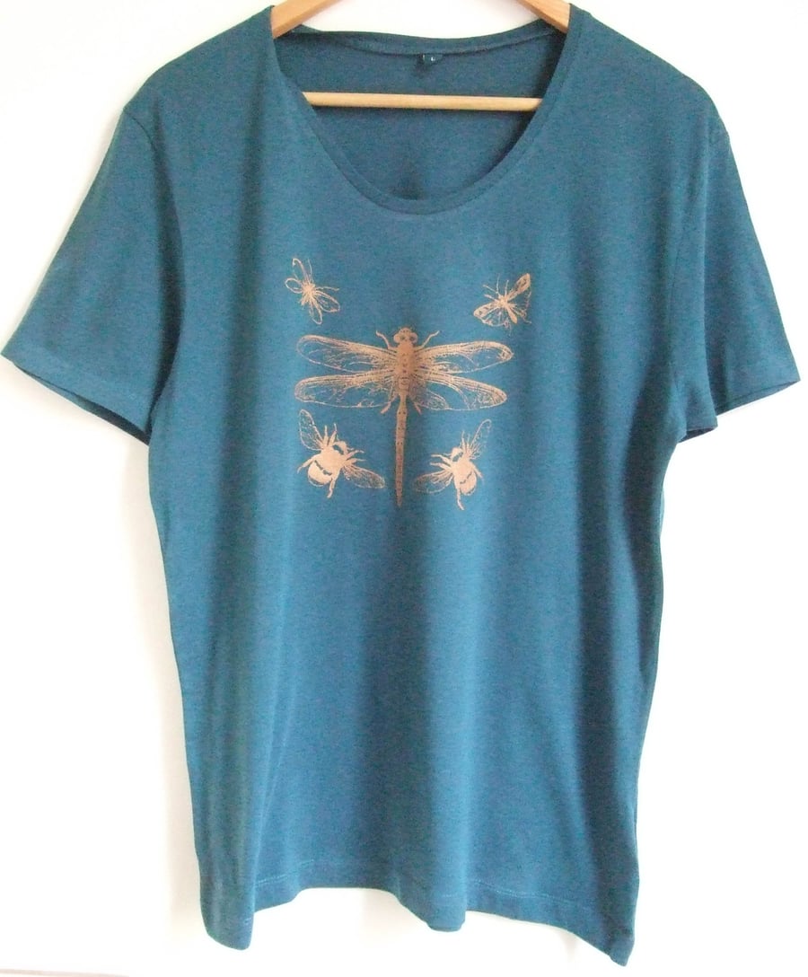 SALE Dragonfly insects teal with bronze print scoop neck t shirt short sleeve 