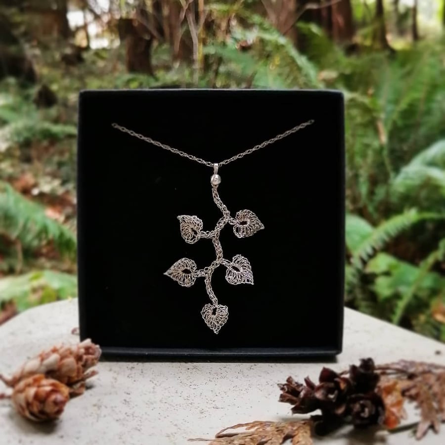 Vine Leaf Eco .999 Silver Lace Crochet Necklace 