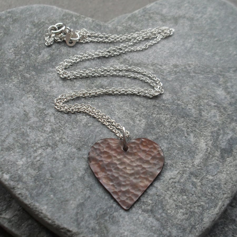  Copper Heart Pendant With Sterling Silver Chain Vintage Style