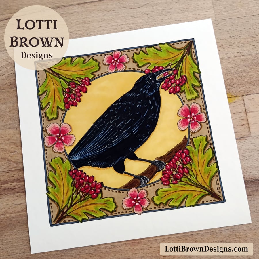 Crow Art Print (8x8") - Hand-Drawn British Bird Illustration