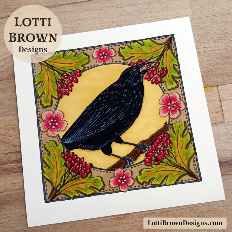 Crow Art Print (8x8") - Hand-Drawn British Bird Illustration