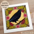 Crow Art Print (8x8") - Hand-Drawn British Bird Illustration