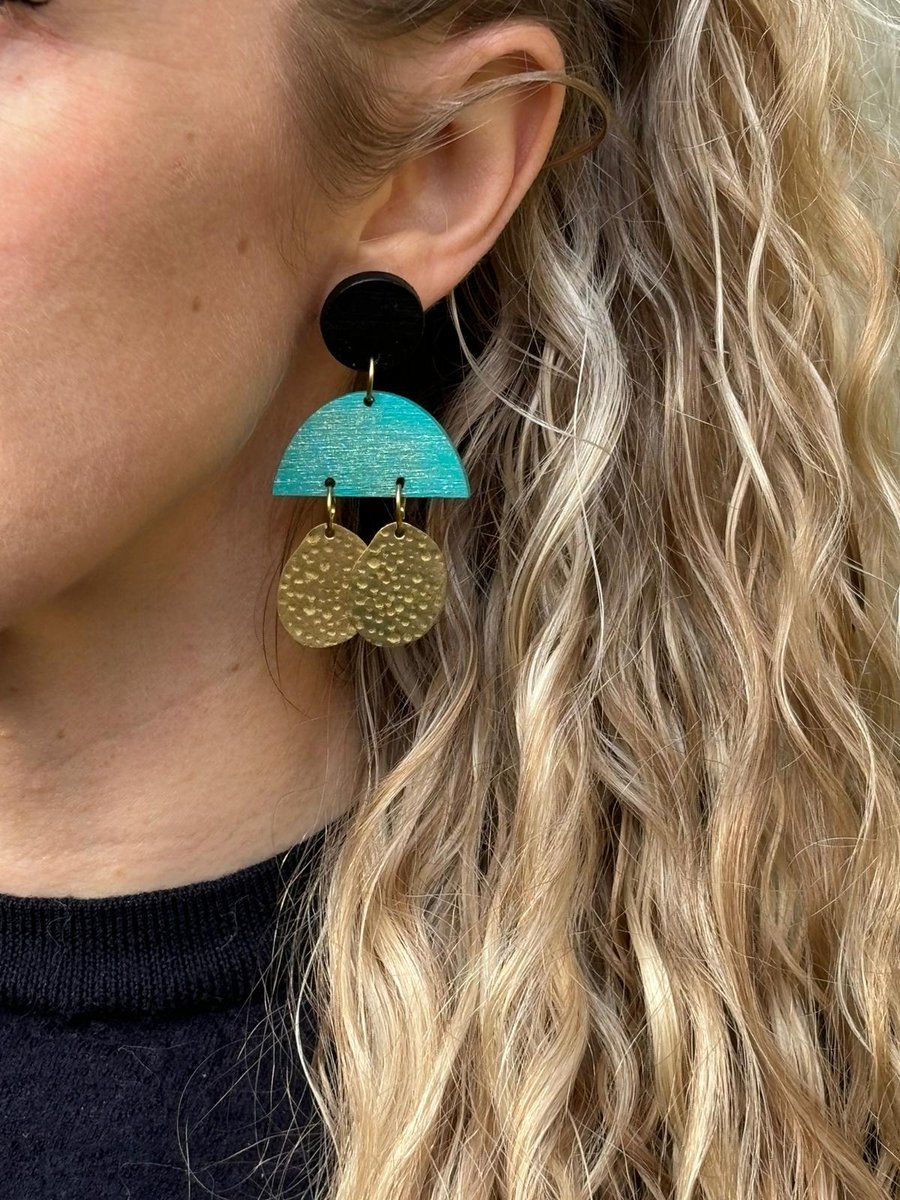 Turquoise wooden and Hammered Brass Statement Earrings (The Gipsy Earrings)