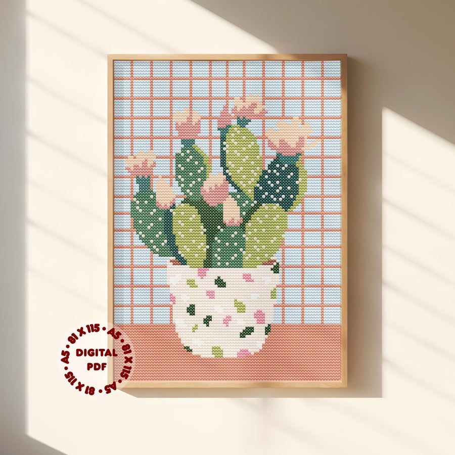 Cactus House Plant Cross Stitch Pattern (Needlepoint Compatible), Instant Downlo