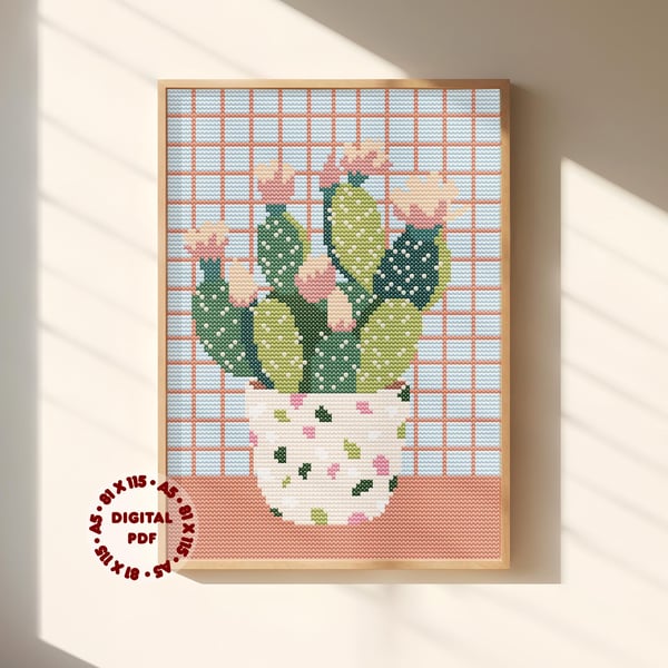 Cactus House Plant Cross Stitch Pattern (Needlepoint Compatible), Instant Downlo