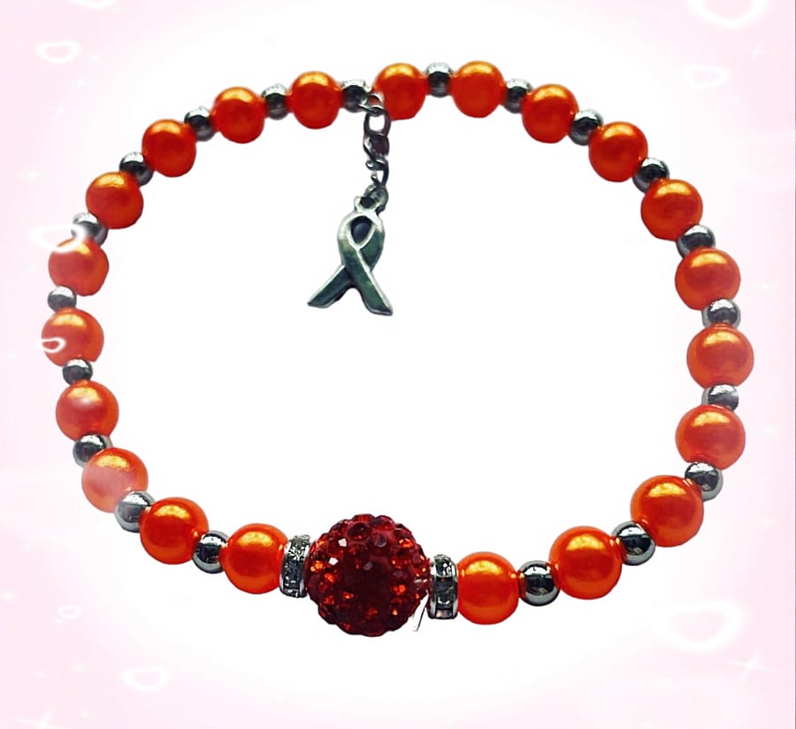 Orange stretch beaded shamballa awareness ribbon charm bracelet 