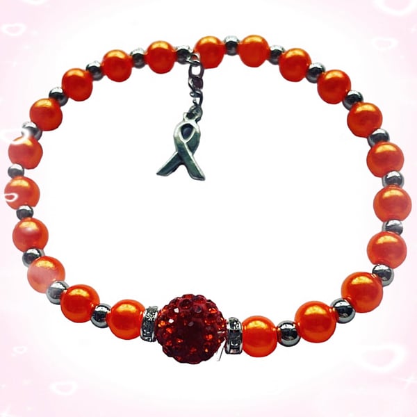 Orange stretch beaded shamballa awareness ribbon charm bracelet 