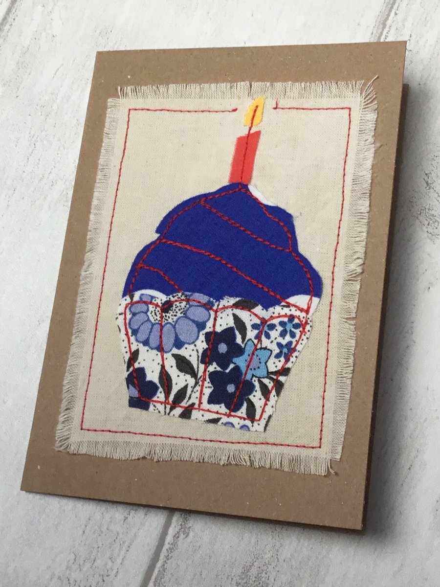 Appliqué sewn birthday card. Blue floral.