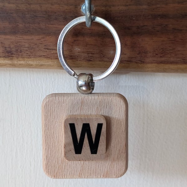 Alphabet letter tile wooden keyring - bagcharm - W