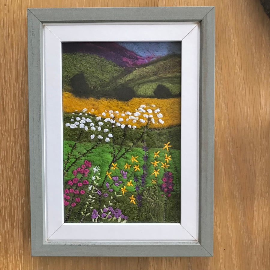 Embroidered and needle felted landscape picture 