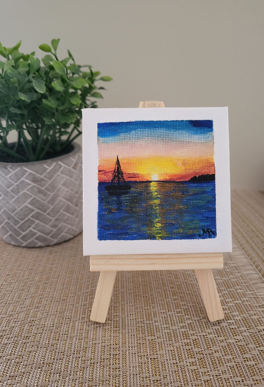 Original acrylic painting boat sunset mini canvas seascape 