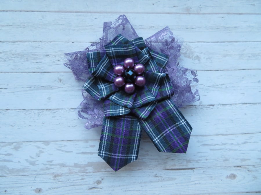 Heather Purple & Navy Pride of Bannockburn Tartan Lace Shabby Chic Brooch