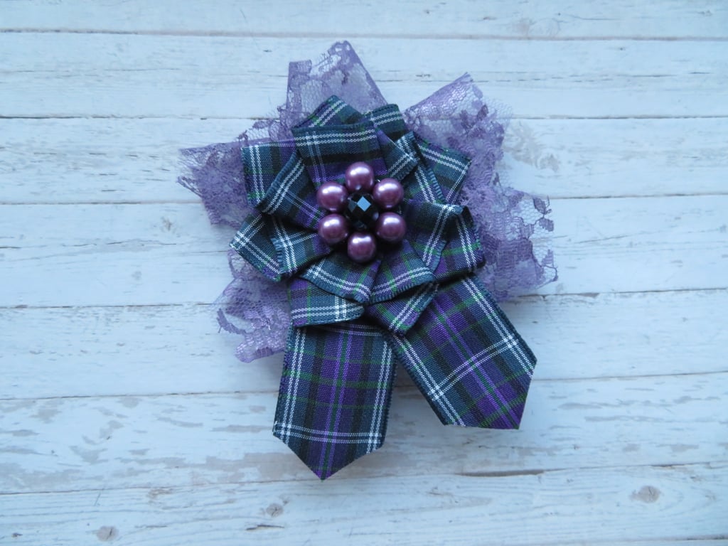 Heather Purple & Navy Pride of Bannockburn Tartan Lace Shabby Chic Brooch