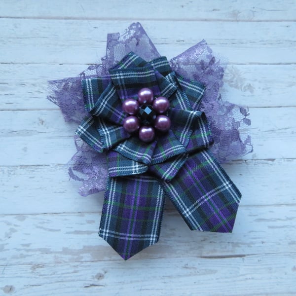 Heather Purple & Navy Pride of Bannockburn Tartan Lace Shabby Chic Brooch