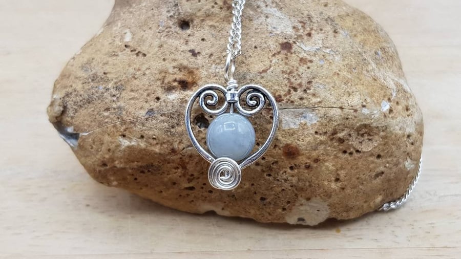 Aquamarine heart pendant. March birthstone. Silver plated