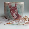 Wonky donkey thumb dimple cup, hand painted earthenware ceramic wood fired,