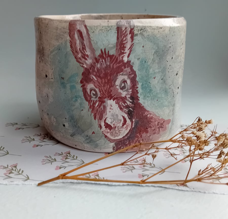 Wonky donkey thumb dimple cup, hand painted earthenware ceramic wood fired,