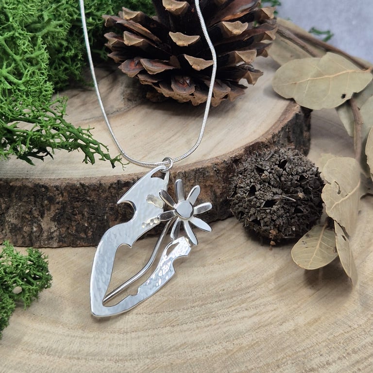 Sterling Silver Single Flower and Leaves Asymmetric Necklace (One of a Kind) 014