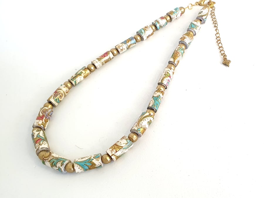 Elegant  paper beaded necklace with floral ornate design and golden separators