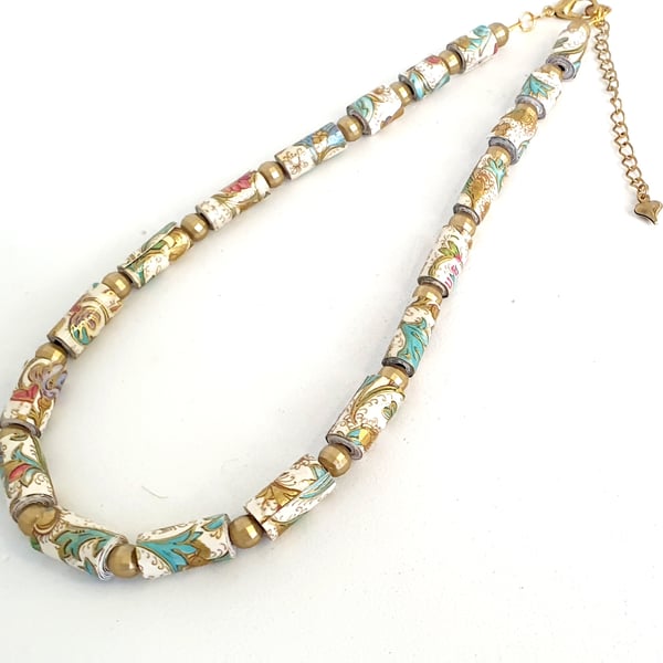 Elegant  paper beaded necklace with floral ornate design and golden separators