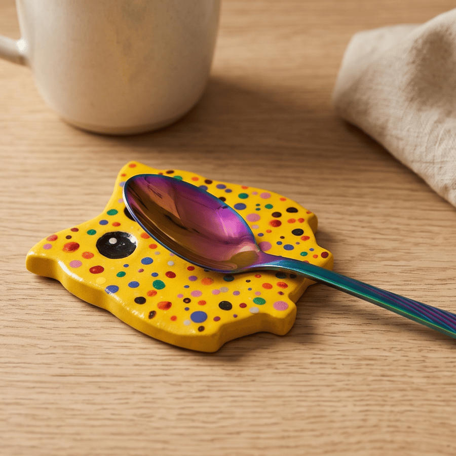 Yellow Owl Teaspoon Rest, Colourful Handmade Clay Spoon Holder