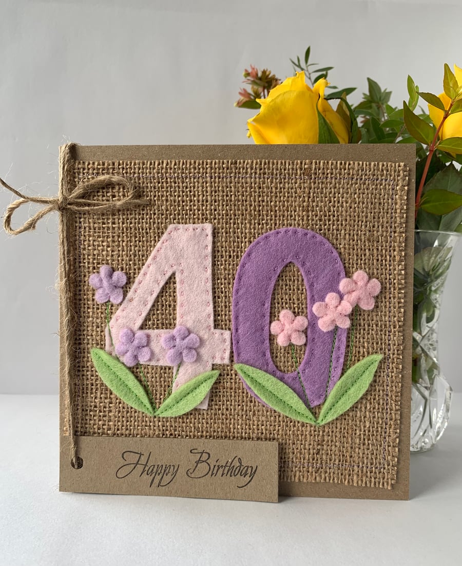 40th Handmade Birthday Card from felt. Keepsake Card. Textile card.