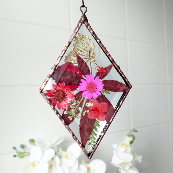 SALE Red Gold and Festive themed Diamond Bevel Suncatcher Wall Hanging 