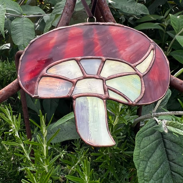 Red and copper stained glass mushroom toadstool - woodland decoration 