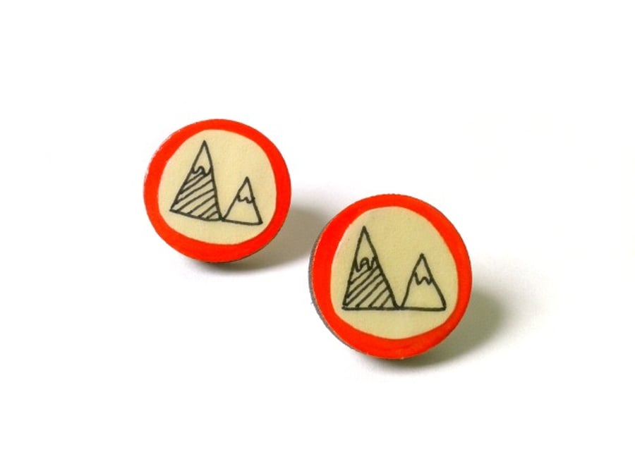 Red Mountain Illustrated Wooden Earrings