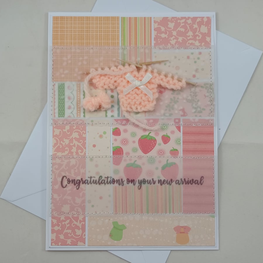 Handmade new baby card - peach jumper