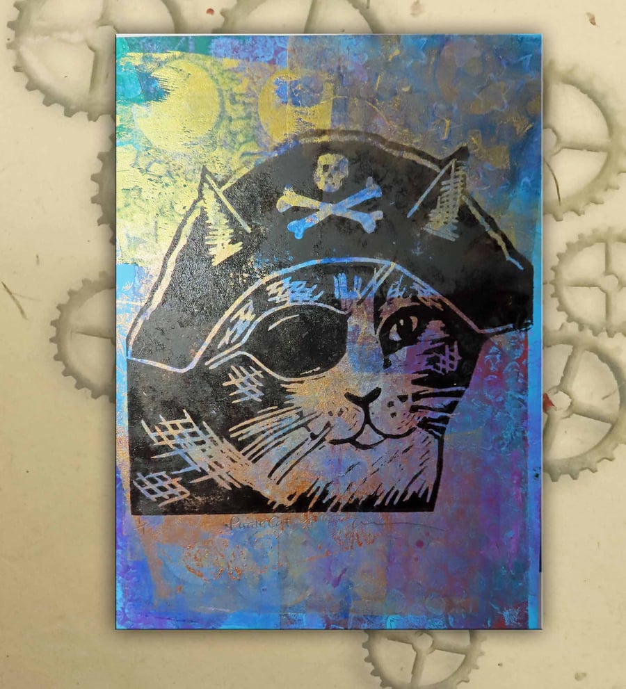 Pirate Cat One off Hand-Pulled Linocut & Gelli Print Blue