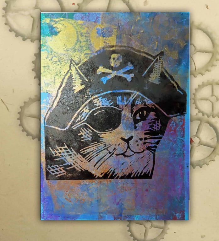 Pirate Cat One off Hand-Pulled Linocut & Gelli Print Blue