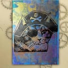 Pirate Cat One off Hand-Pulled Linocut & Gelli Print Blue