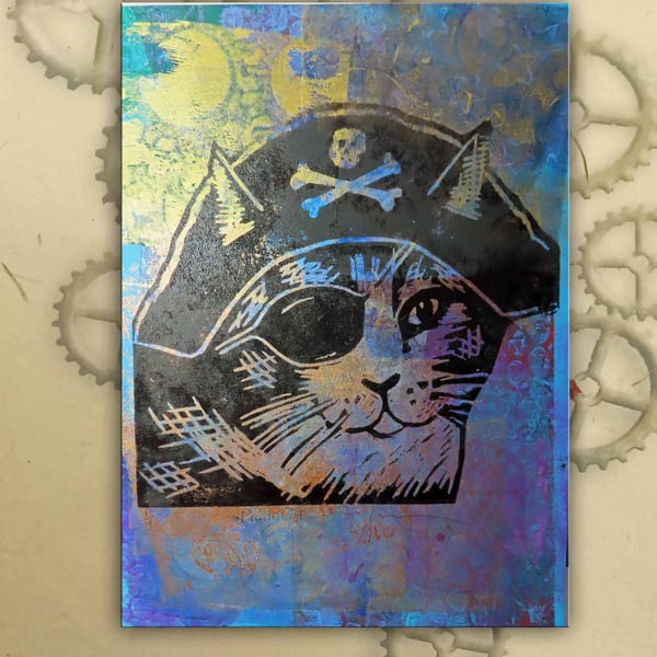 Pirate Cat One off Hand-Pulled Linocut & Gelli Print Blue